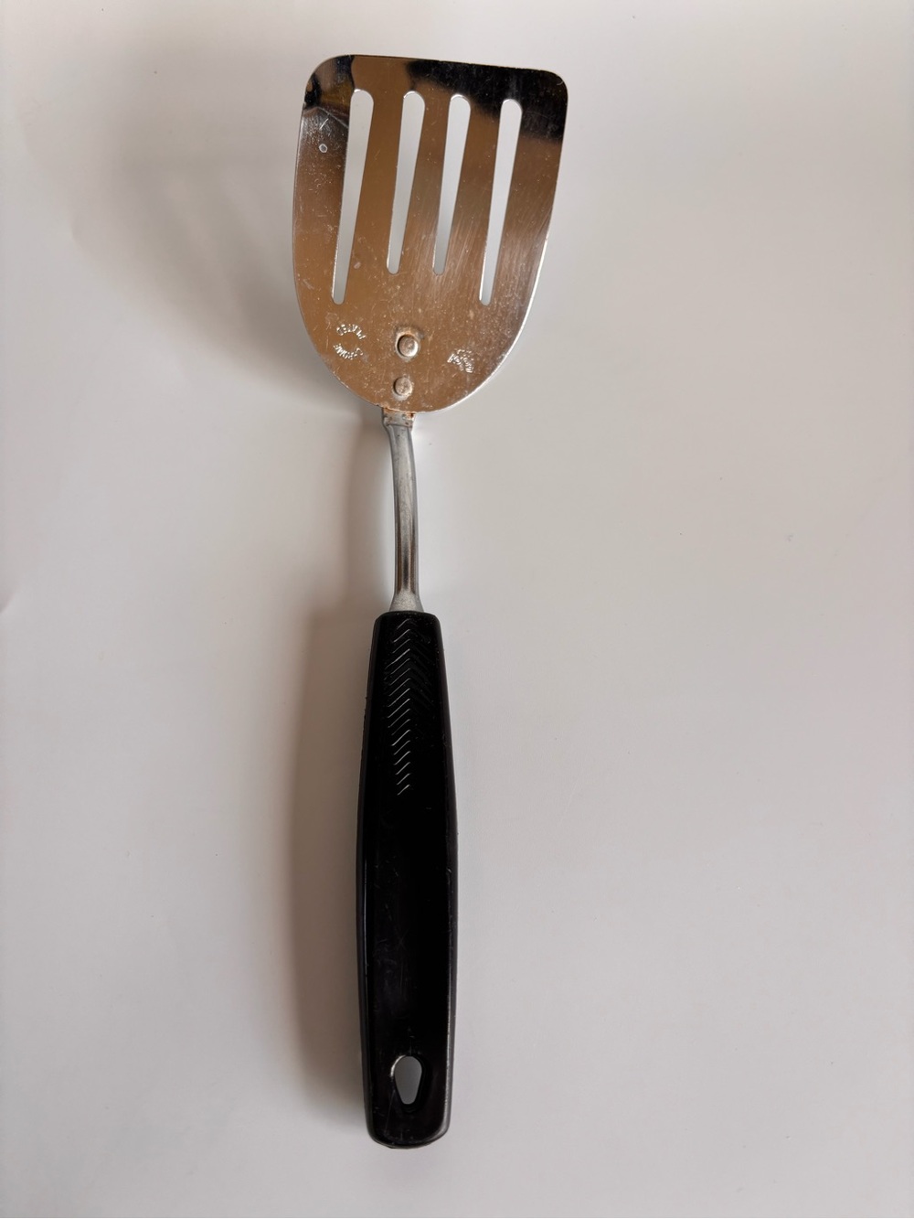 Vintage Foley Spatula Turner Chrome Metal Slotted Angled Black Handle USA BENT